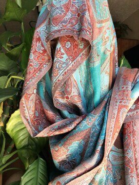 Vismaya Paisley Floral Wool Shawl Wrap Scarf Fringe Turquoise Teal Rust Boho